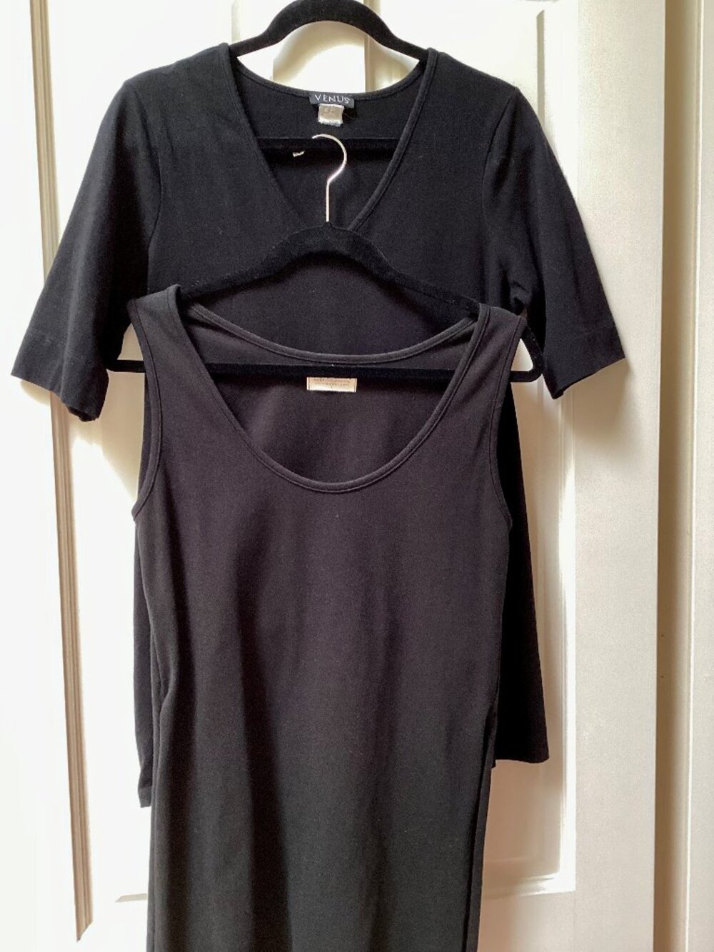 Two (2) black workout, exercise, yoga tops, size large